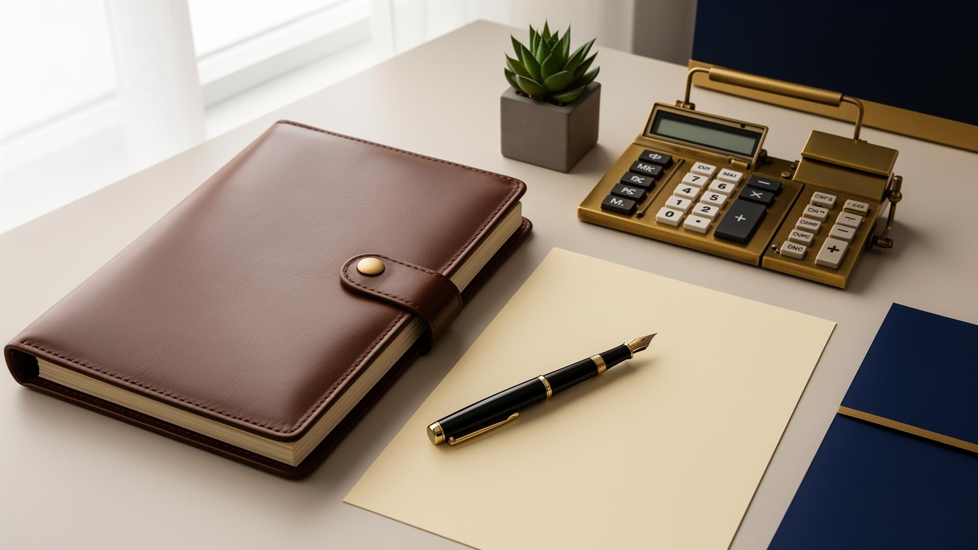 An organized bookkeeper's desk with ledger, fountain pen, and brass calculator